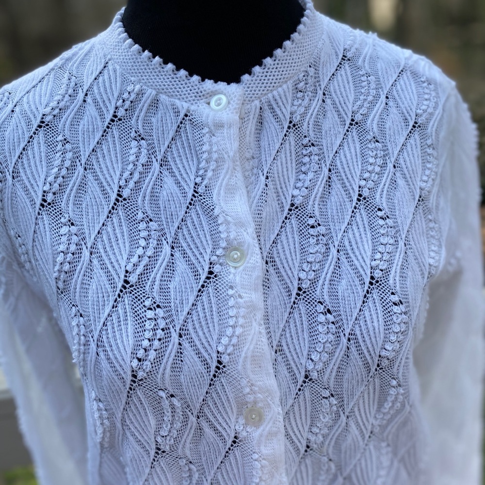 Vintage 60s White Cardigan Pointelle Sweater - Picture 4 of 8